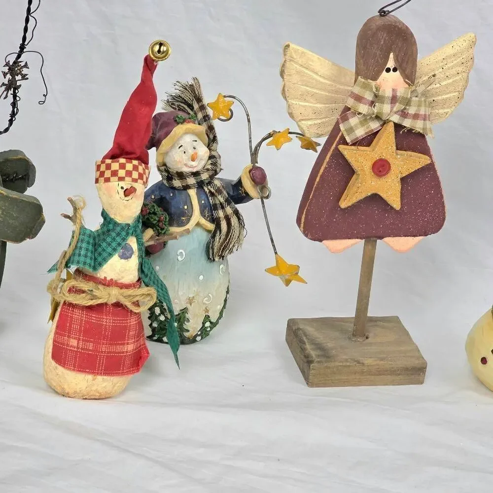Primitive Christmas Snowman & Angel Figurines Lot